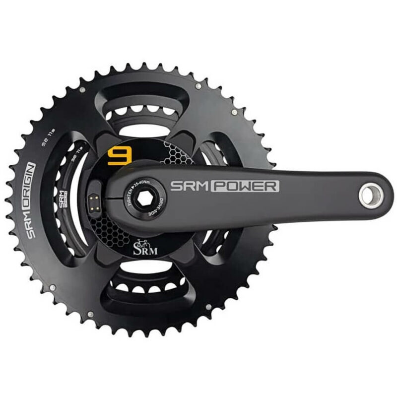SRM PM9 Origin Road Carbon Power Meter with carbon composite crank arms and yellow PM9 decal
