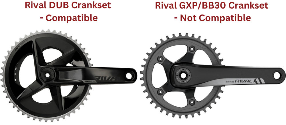 Image comparing SRAM Rival DUB crankset to a SRAM Rival GXP/BB30 crankset