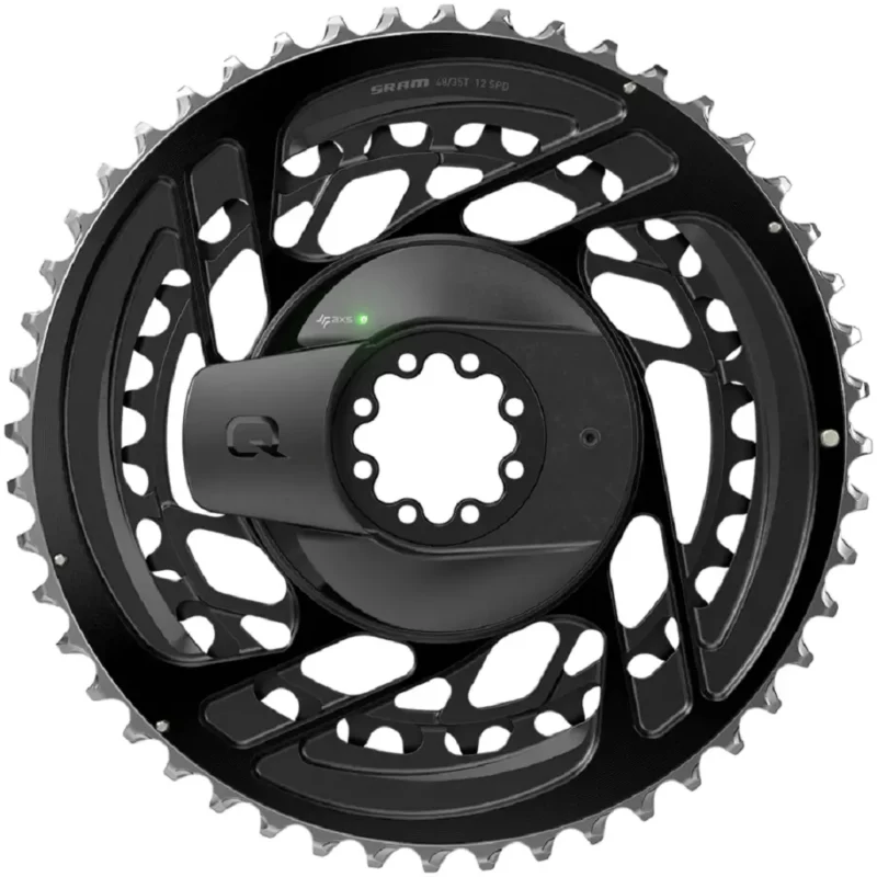 A black SRAM Force AXS Power Meter Spider with a green light against a white background.