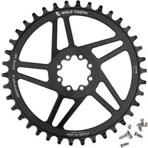 A black Wolf Tooth Components 8-Bolt Direct Mount SRAM Chainring against a white background.