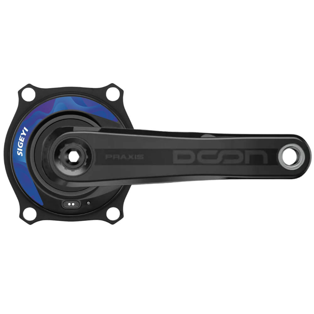 A black Sigeyi AXO Praxis DOON Carbon Road 110x4 Power Meter Crankset with blue decal.