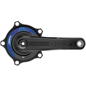 A black Sigeyi AXO Praxis DOON Carbon Road 110x5 Power Meter Crankset with blue decal.