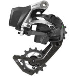 A side view of a black and silver SRAM RED AXS E1 Rear Derailleur.