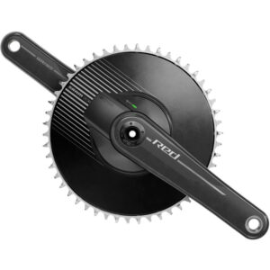 A black and silver SRAM RED AXS E1 1x Power Meter Crankset with green light.