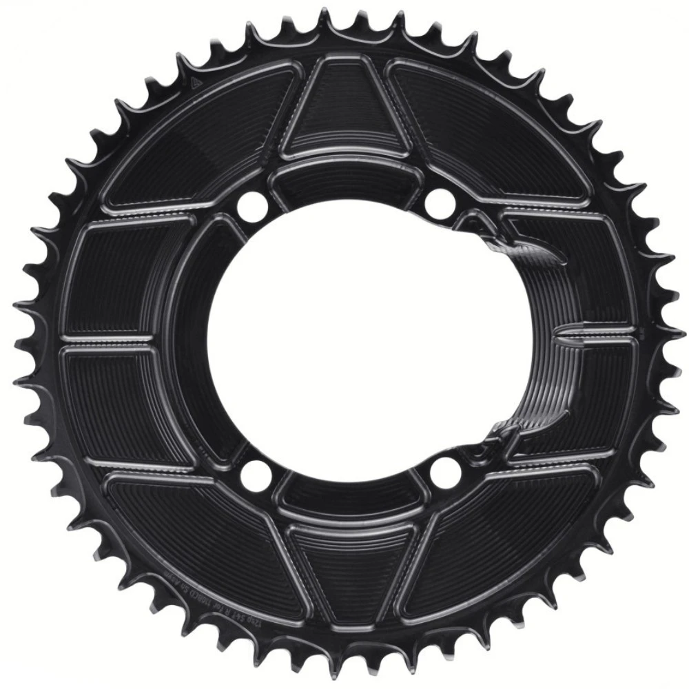 The back of a black ALUGEAR 1x 110x4 Chainring for Shimano 12-Speed.