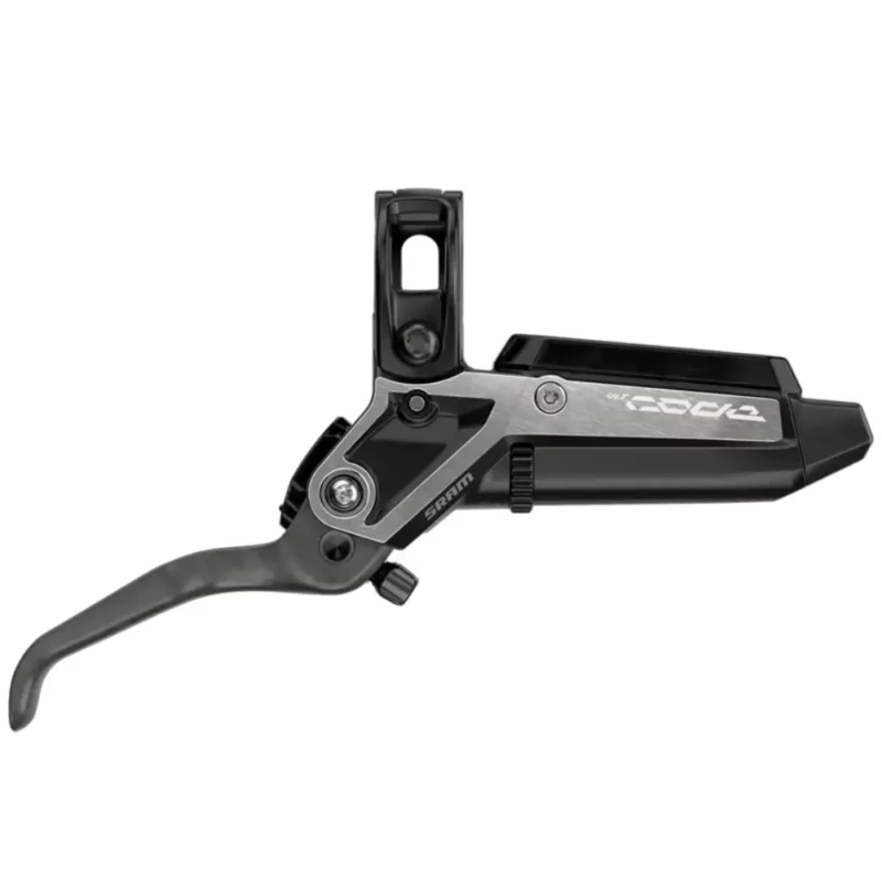 The top of a silver and black SRAM Code Ultimate Stealth Disc Brake lever.