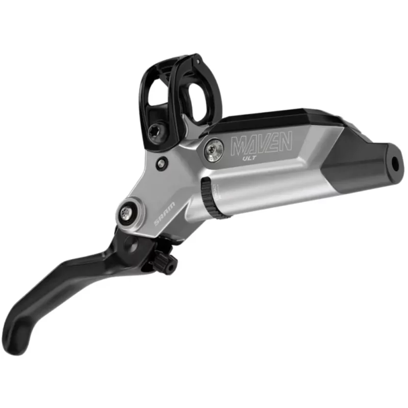An angled image of a silver and black SRAM Maven Ultimate Stealth Disc Brake lever.