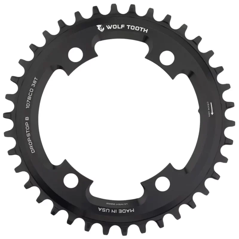 The front of a black Wolf Tooth 107 BCD SRAM Chainring.
