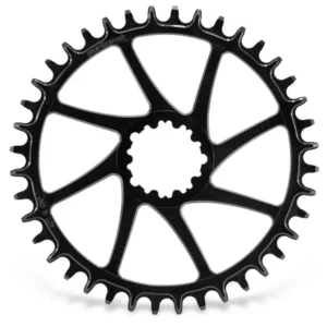 The front of a black Garbaruk 3-Bolt Road Gravel Chainring.