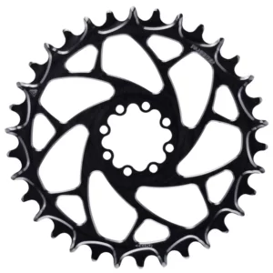 The front of a black ALUGEAR 8-Bolt Super Boost Chainring for SRAM MTB.