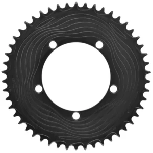 The front of a black ALUGEAR Aero 1x 110×5 Road Gravel Chainring.