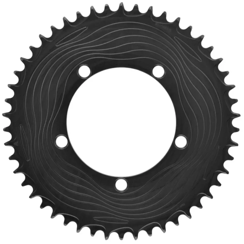 The front of a black ALUGEAR Aero 1x 110×5 Road Gravel Chainring.