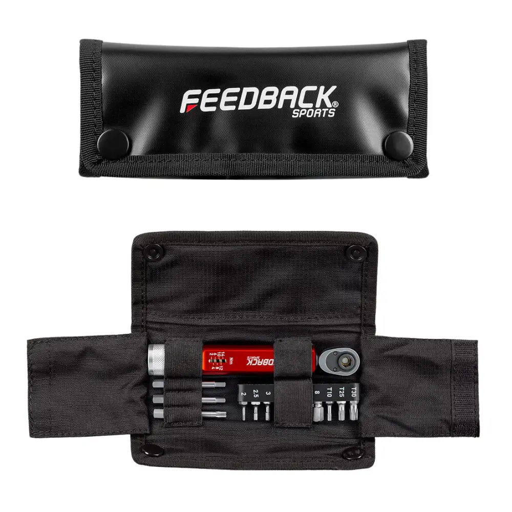 A Feedback Sports Range Click Torque Wrench with the black carrying case it comes with.