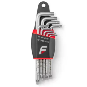 A set of silver Feedback Sports Torx Wrenches in a black and red holder.