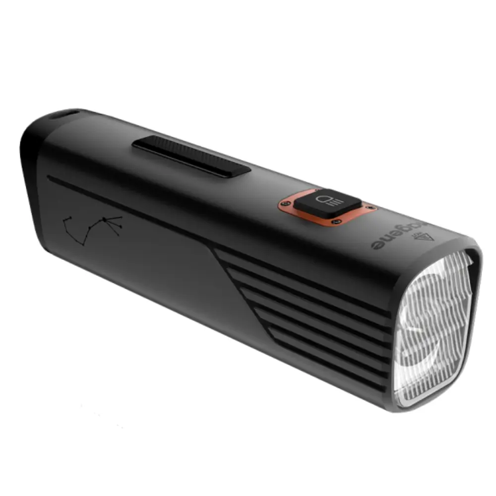 The side of a black Magene AT1600 Smart Bike Headlight.