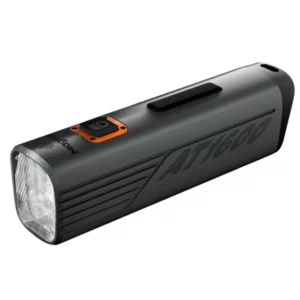 An angled image of a black Magene AT1600 Smart Bike Headlight.