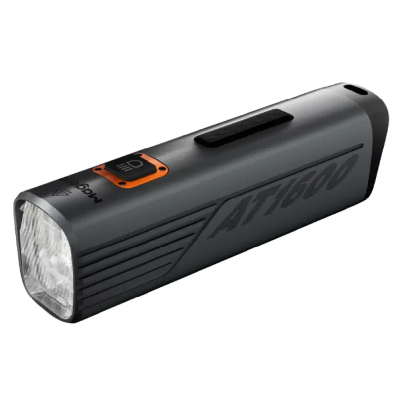 An angled image of a black Magene AT1600 Smart Bike Headlight.