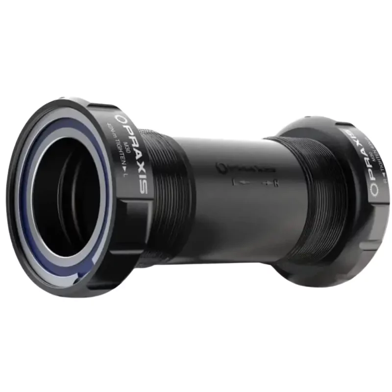 A black Praxis M30 BSA Threaded Bottom Bracket with blue seals.