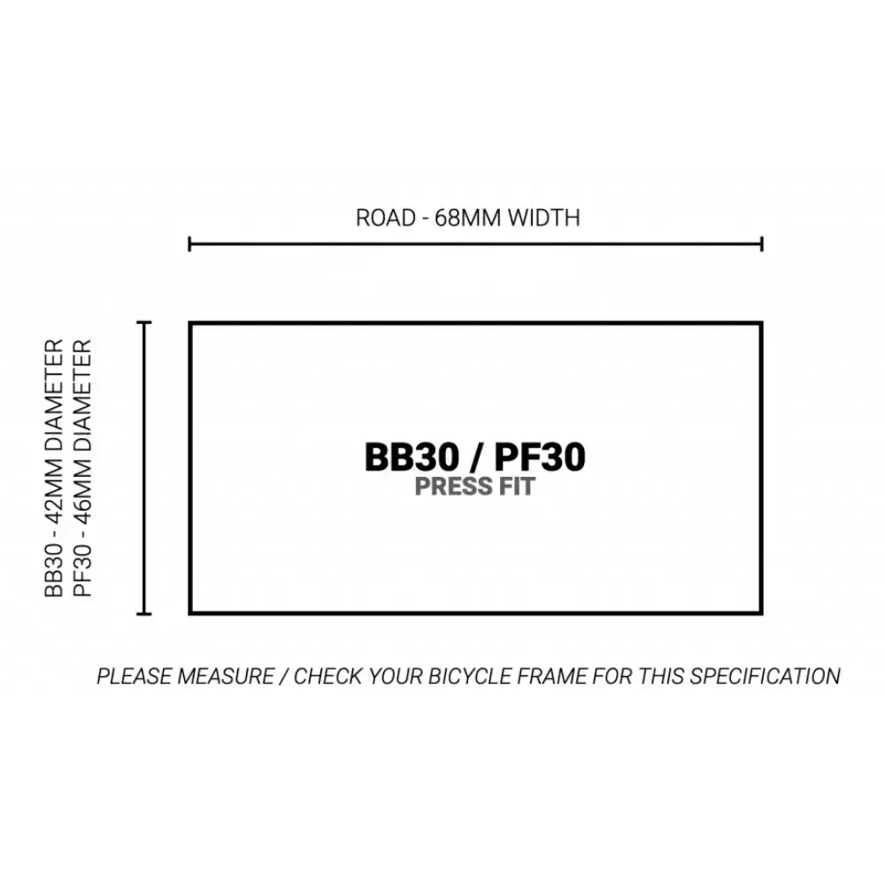 A chart showing compatibility for the Praxis M30 Thru Road BB30 PF30 68MM Bottom Bracket.