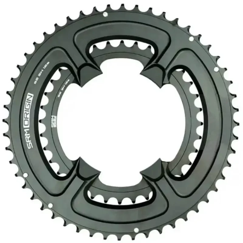 A set of inner and outer black SRM Origin 12-Speed Road Chainrings.