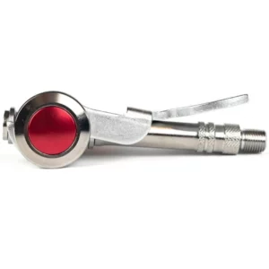 A silver and red Silca Hiro Side-Lever Locking Presta Chuck.