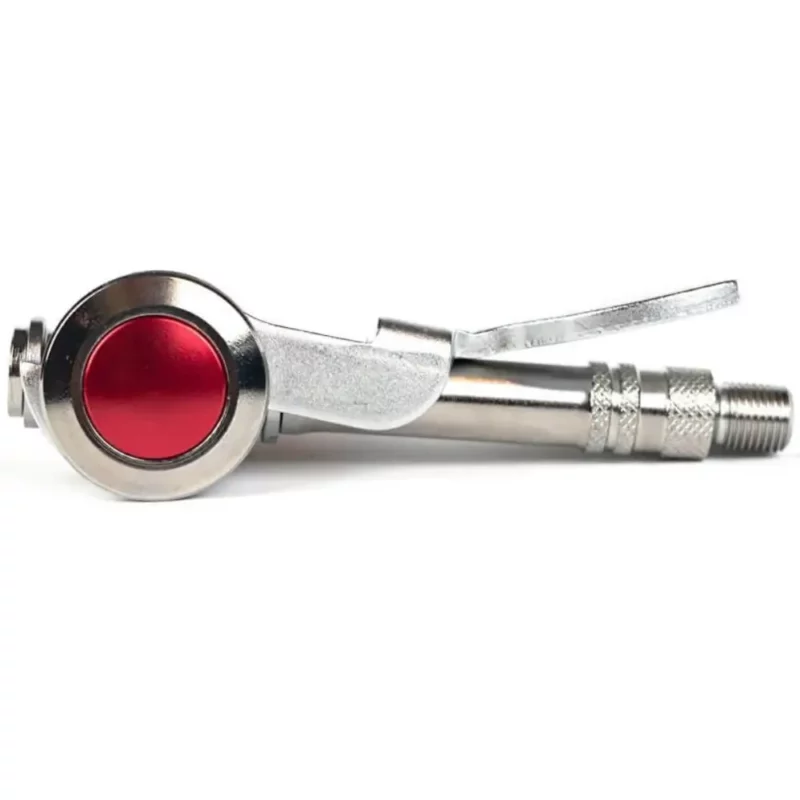 A silver and red Silca Hiro Side-Lever Locking Presta Chuck.
