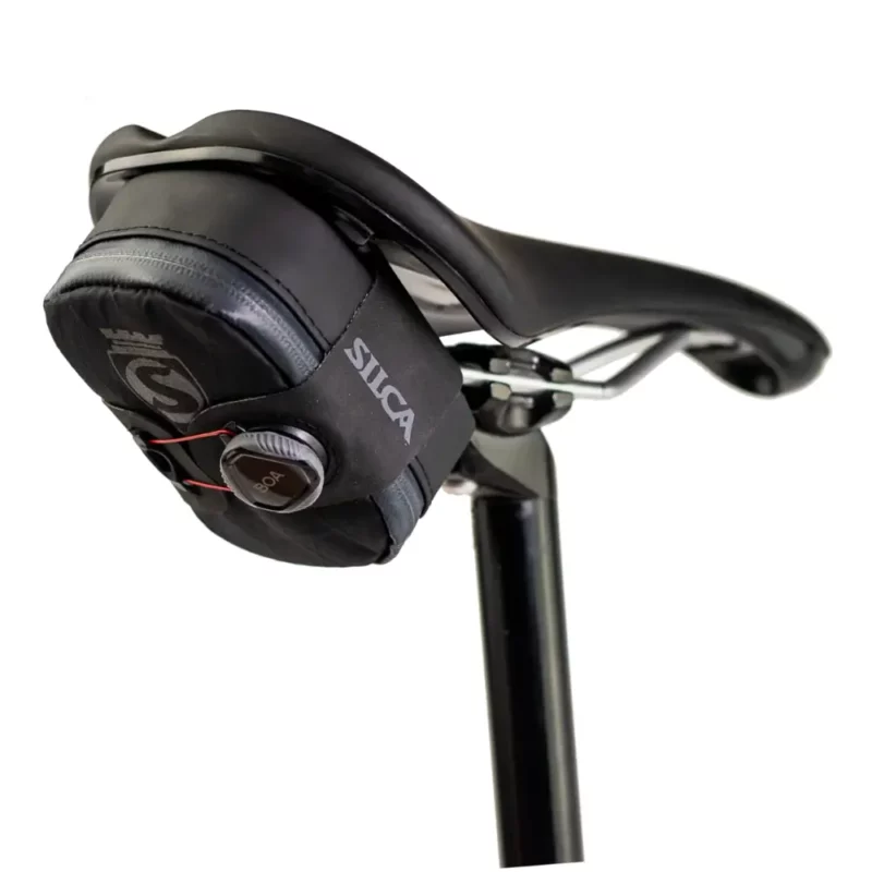 A black Silca Mattone Seat Pack mounted on a saddle.