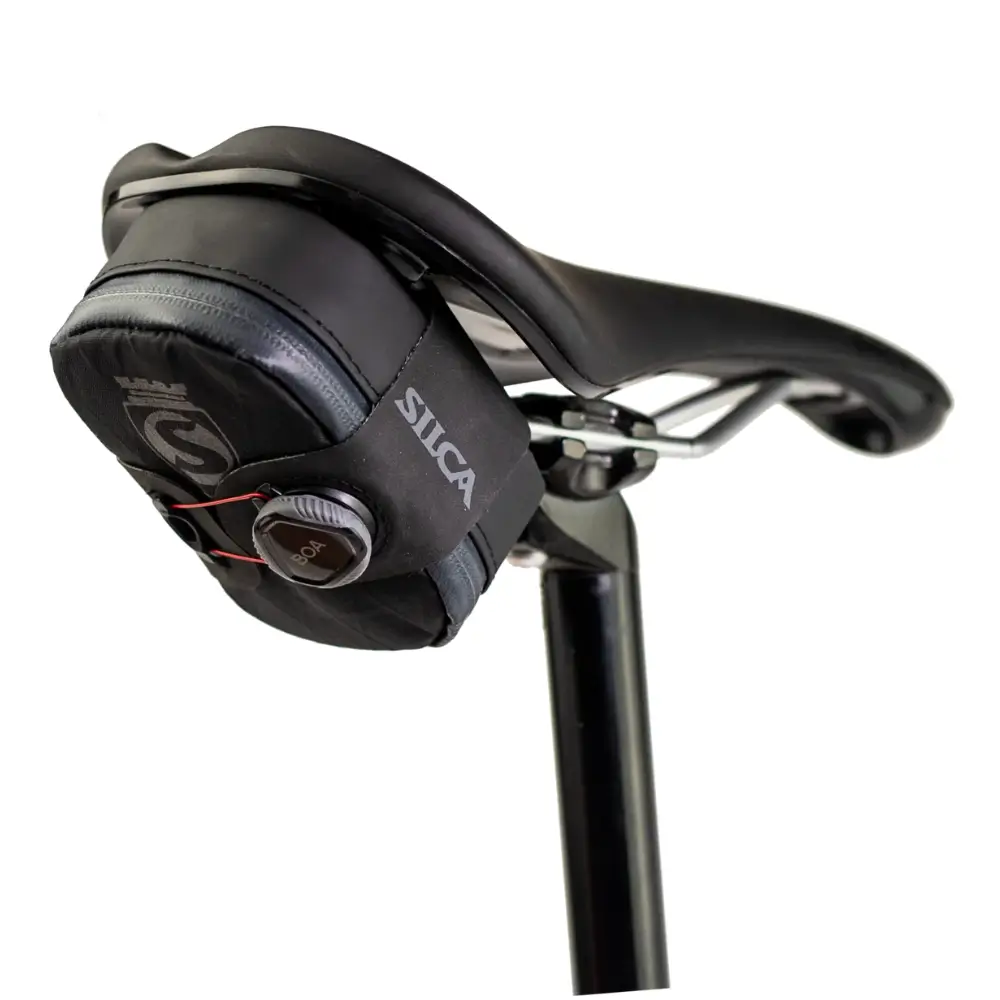 A black Silca Mattone Seat Pack mounted on a saddle.