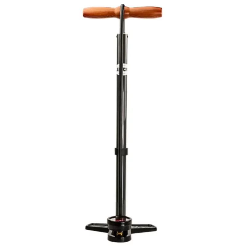 A black Silca Pista Plus Floor Pump with wooden handle.