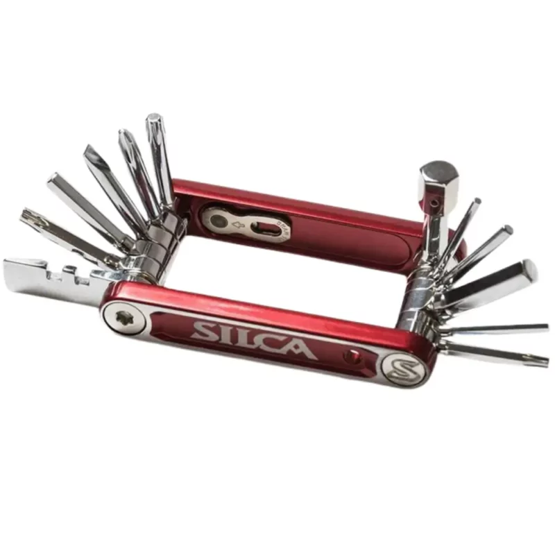 A silver and red Silca Tredici Italian Army Knife Multi-Tool.