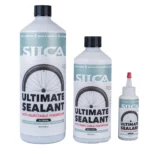 Three sizes of the Silca Ultimate Tubeless Sealant 2.0 lined up next to each other.