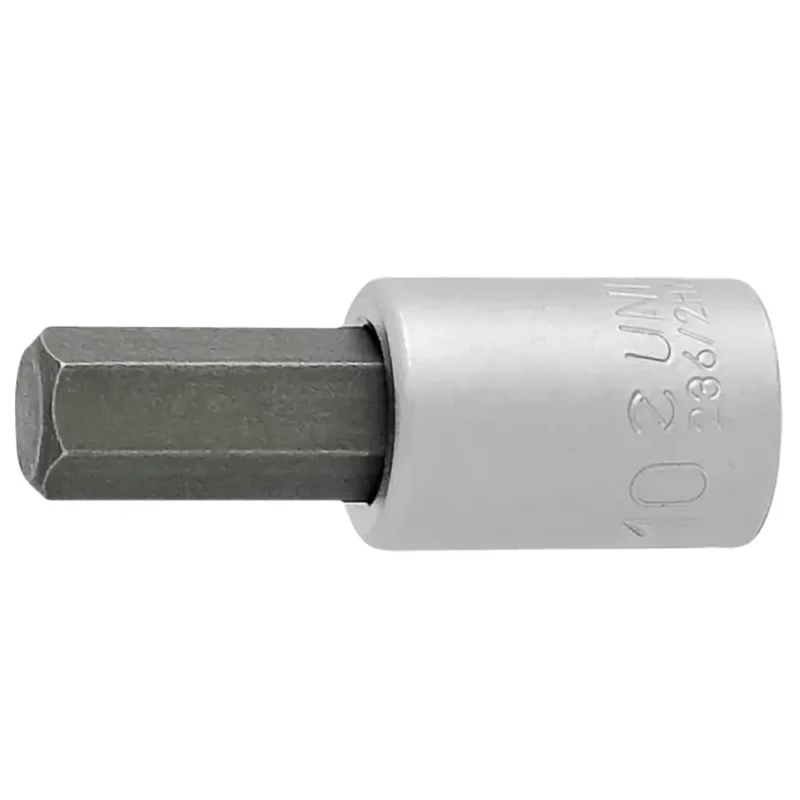 A silver and black Unior 3/8" Hex Socket Bit.
