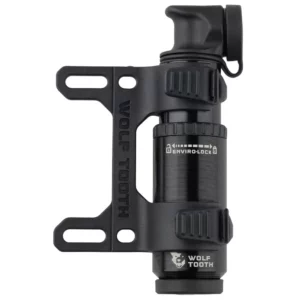 A close up of a black Wolf Tooth EnCase Pump with mounting bracket.