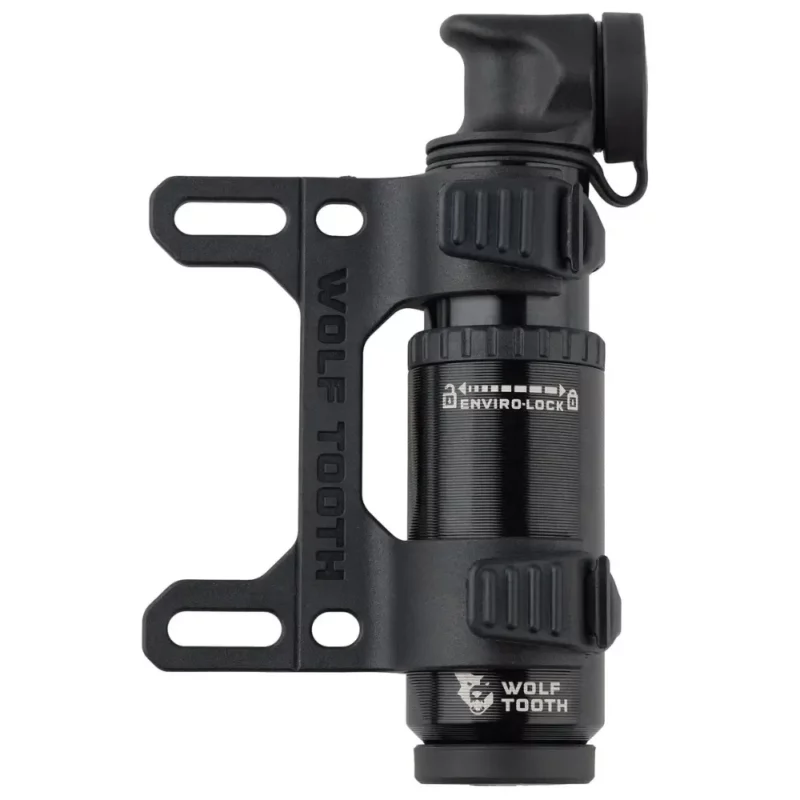 A close up of a black Wolf Tooth EnCase Pump with mounting bracket.