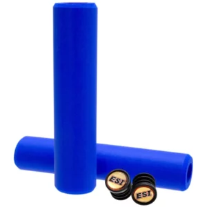 A set of blue ESI Chunky Grips with bar end plugs.