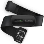 A black Garmin HRM 200 Heart Rate Monitor with a black strap and green light.