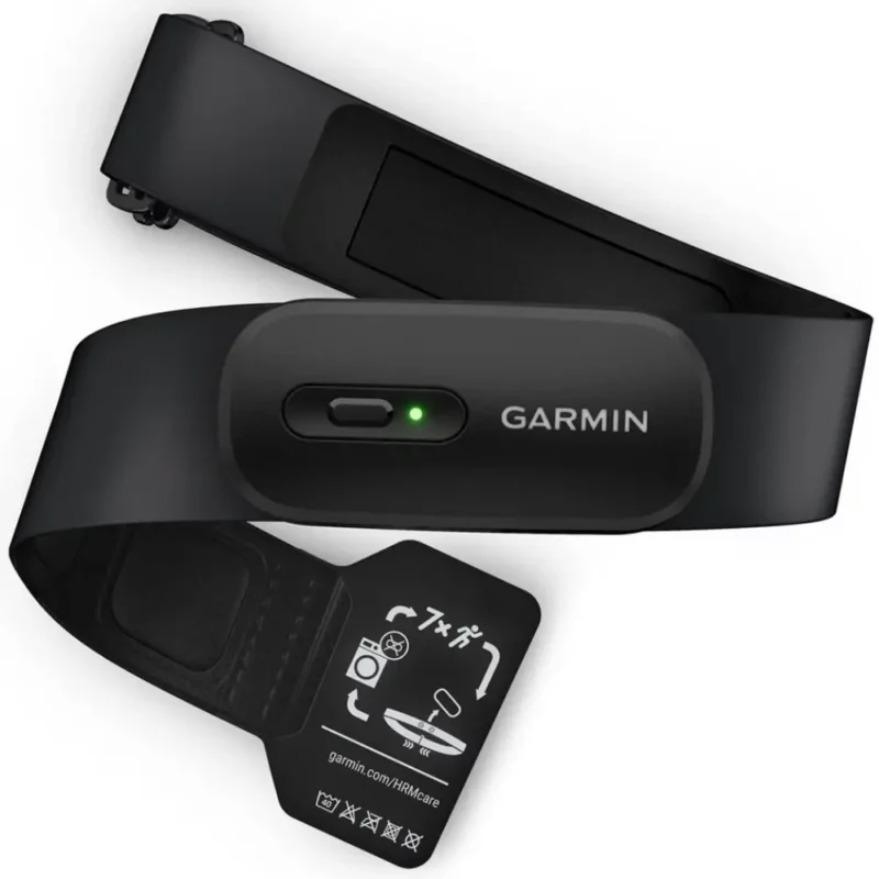 A black Garmin HRM 200 Heart Rate Monitor with a black strap and green light.