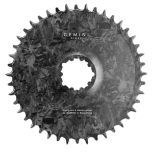The front of a Gemini Rigel 3-Bolt Road Gravel Chainring that shows the carbon weave.