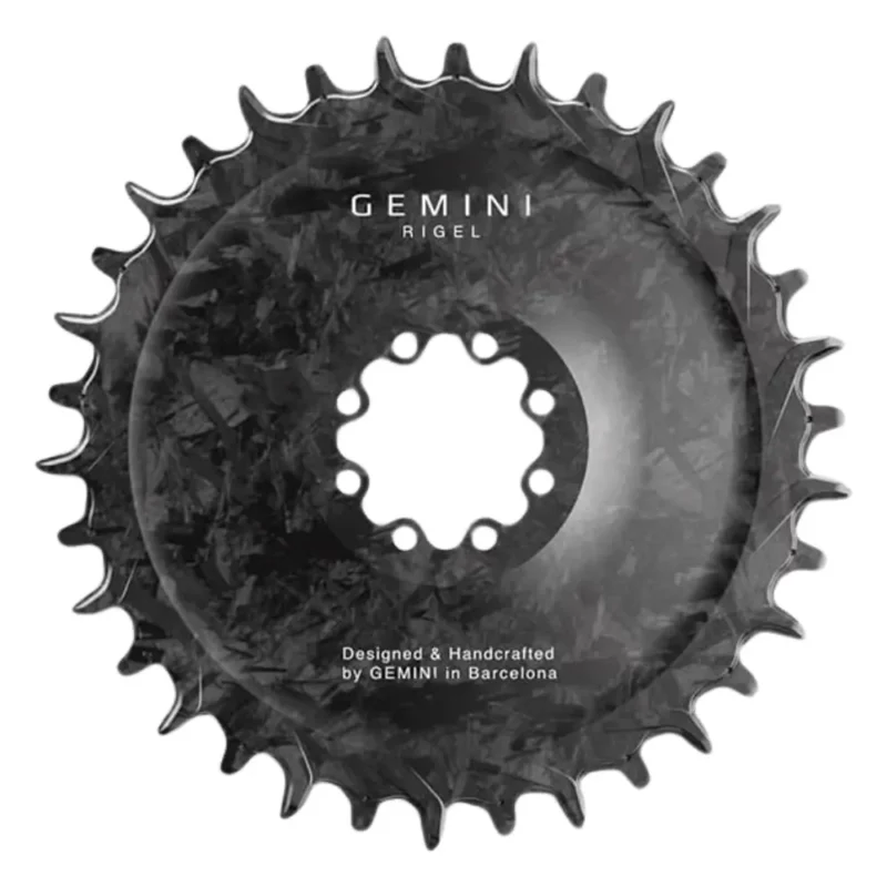 The front of a Gemini Rigel 8-Bolt MTB Chainring that shows the carbon weave.