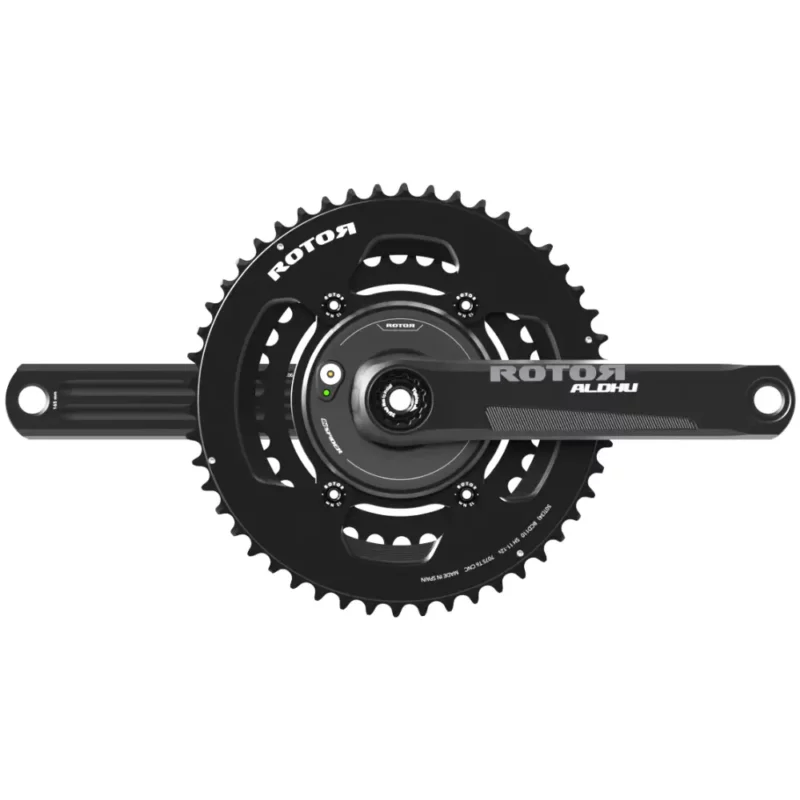 A black 2x ROTOR INspider ALDHU Road Power Meter Crankset.
