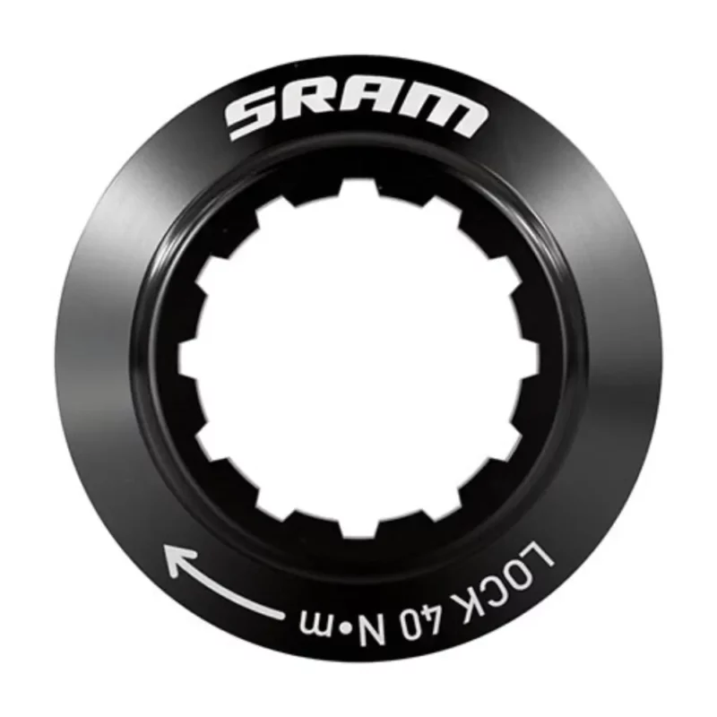 A black SRAM Centerlock Brake Rotor Lockring with white SRAM logo and torque information.