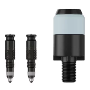 Two black Schwalbe Clik Valves and an adapter head to make a complete Conversion Kit.