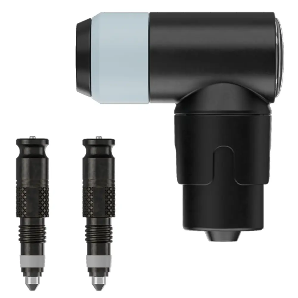 Two black Clik Valves and a Schwalbe Clik Valve Pump Head.