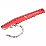 A chrome red Wolf Tooth Chain Whip.