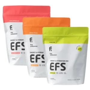 The three bags of different flavors of First Endurance EFS Hydration Drink Mix.