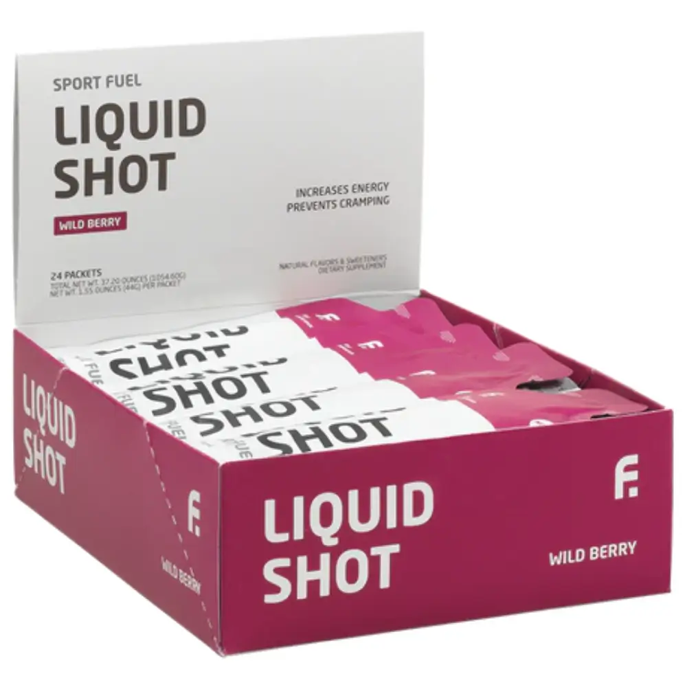 A tray of 24 Wild Berry First Endurance Liquid Shot Energy Gels.