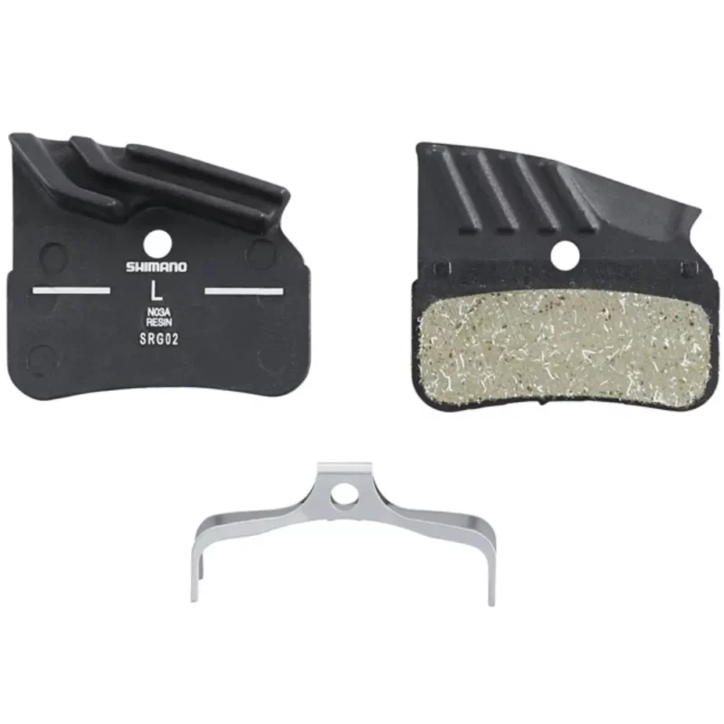 The inside, outside and spring of a Shimano N03A-RF Resin Finned Disc Brake Pad.