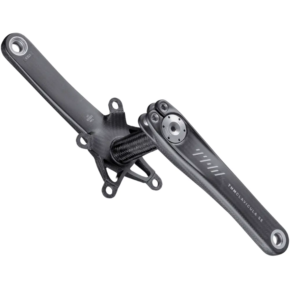 An angled version of a matte black 110 BCD 5-bolt THM Clavicula SE Road Crankset.
