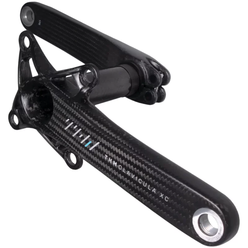 An angled image of a gloss black THM Clavicula XC MTB Crankset.