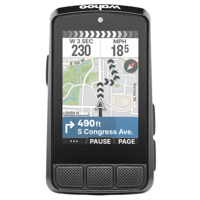 The front of a Wahoo ELEMNT Bolt 3 Bike Computer with a color navigation screen.